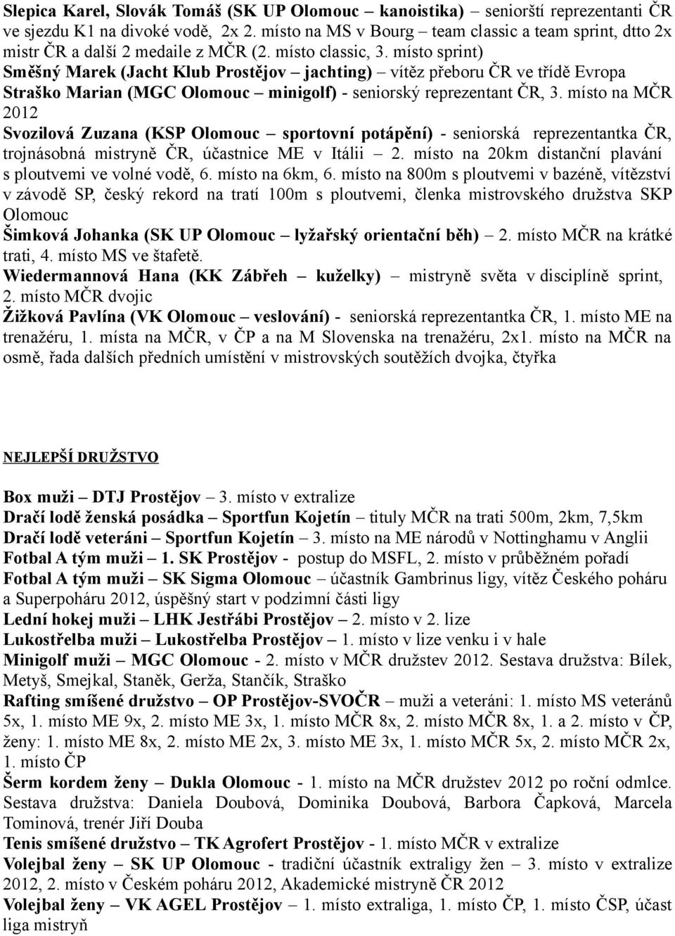místo sprint) Směšný Marek (Jacht Klub Prostějov jachting) vítěz přeboru ČR ve třídě Evropa Straško Marian (MGC Olomouc minigolf) - seniorský reprezentant ČR, 3.