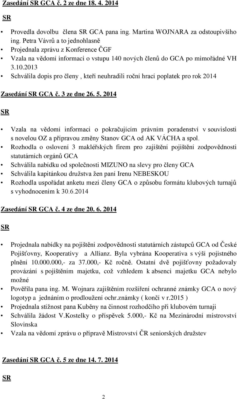 2013 Schválila dopis pro členy, kteří neuhradili roční hrací poplatek pro rok 2014 Zasedání GCA č. 3 ze dne 26. 5.