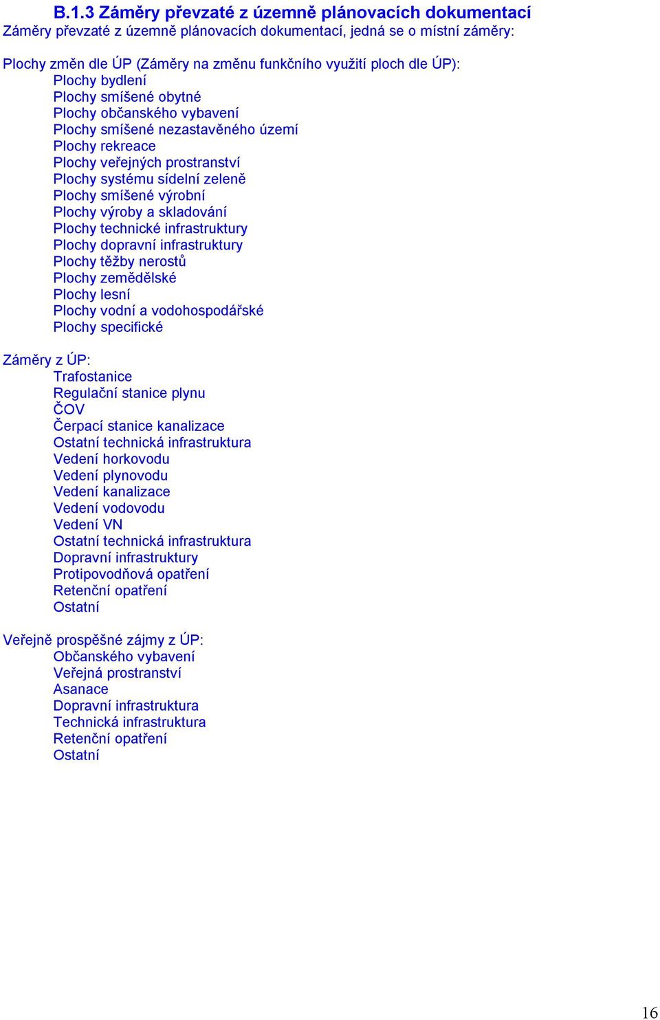 Plochy výroby a skladování Plochy technické infrastruktury Plochy dopravní infrastruktury Plochy těžby nerostů Plochy zemědělské Plochy lesní Plochy vodní a vodohospodářské Plochy specifické Záměry z