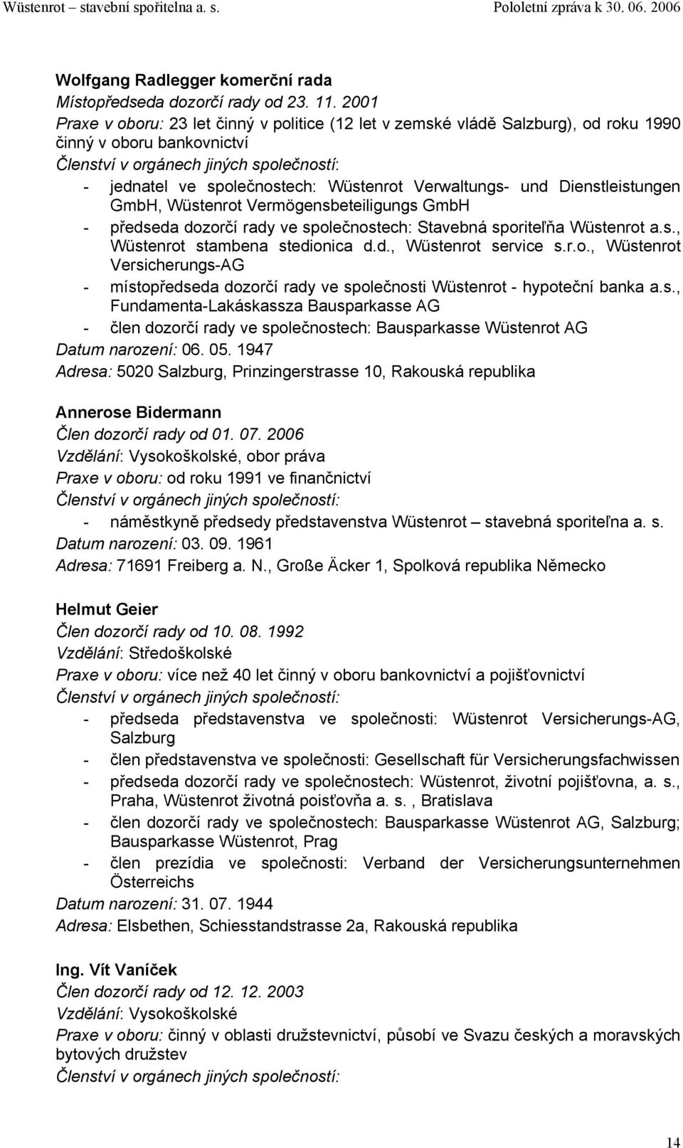 Verwaltungs- und Dienstleistungen GmbH, Wüstenrot Vermögensbeteiligungs GmbH - předseda dozorčí rady ve společnostech: Stavebná sporiteľňa Wüstenrot a.s., Wüstenrot stambena stedionica d.d., Wüstenrot service s.