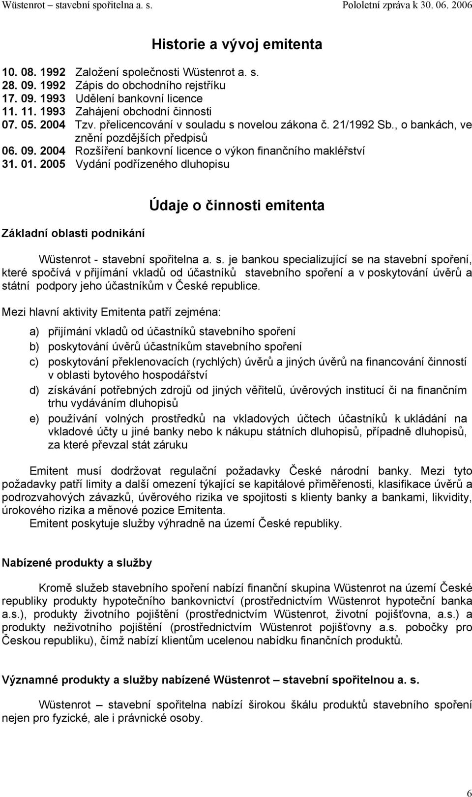 2005 Vydání podřízeného dluhopisu Základní oblasti podnikání Údaje o činnosti emitenta Wüstenrot - st