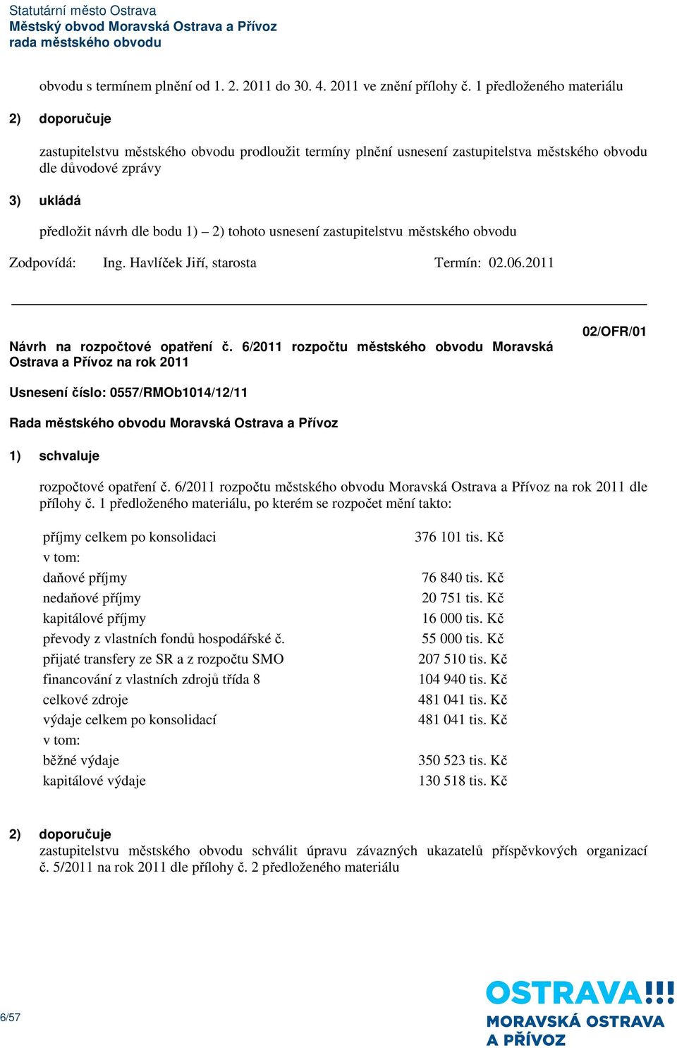 usnesení zastupitelstvu městského obvodu Ing. Havlíček Jiří, starosta Termín: 02.06.2011 Návrh na rozpočtové opatření č.