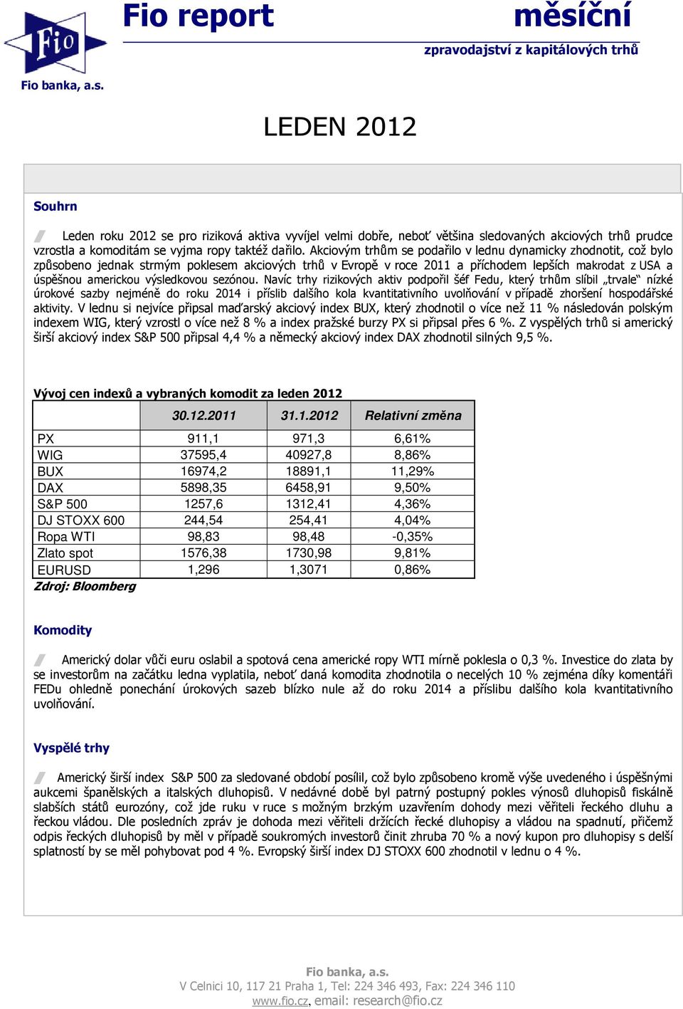 Akciovým trhům se podařilo v lednu dynamicky zhodnotit, což bylo způsobeno jednak strmým poklesem akciových trhů v Evropě v roce 2011 a příchodem lepších makrodat z USA a úspěšnou americkou