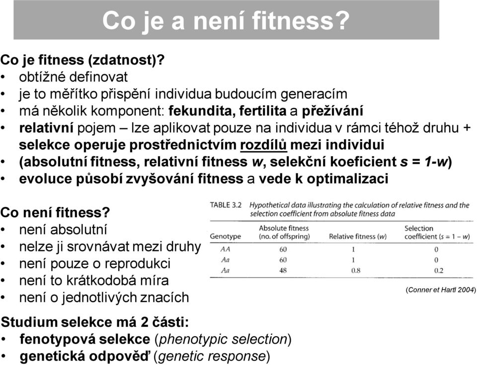 individua v rámci téhož druhu + selekce operuje prostřednictvím rozdílů mezi individui (absolutní fitness, relativní fitness w, selekční koeficient s = 1-w) evoluce působí