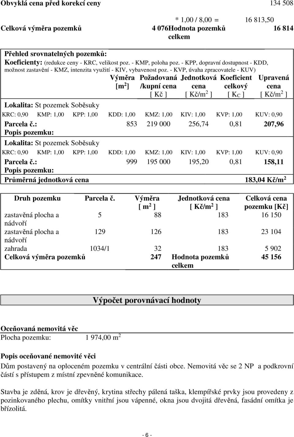 - KVP, úvaha zpracovatele - KUV) Požadovaná Jednotková Koeficient Lokalita: St pozemek Soběsuky Výměra [m 2 ] Upravená /kupní cena cena celkový cena [ Kč ] [ Kč/m 2 ] [ KC ] [ Kč/m 2 ] Parcela č.