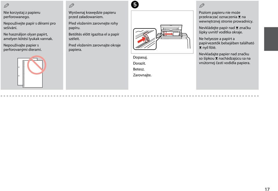 Pred vložením zarovnajte okraje papiera. E Dopasuj. Dorazit. Betesz. Zarovnajte. Q Poziom papieru nie może przekraczać oznaczenia H na wewnętrznej stronie prowadnicy.