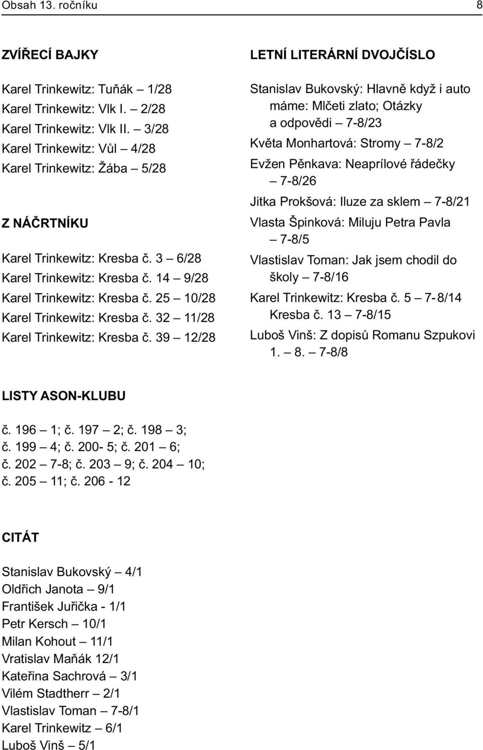 39 12/28 LETNÍ LITERÁRNÍ DVOJÈÍSLO Stanislav Bukovský: Hlavnì když i auto máme: Mlèeti zlato; Otázky a odpovìdi 7-8/23 Kvìta Monhartová: Stromy 7-8/2 Evžen Pìnkava: Neaprílové øádeèky 7-8/26 Jitka