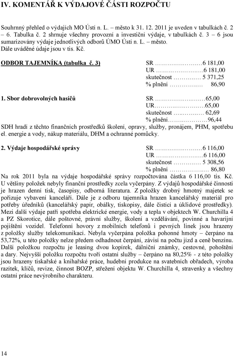 3) SR... 6 181,00 UR...6 181,00 skutečnost.. 5 371,25 % plnění.. 86,90 1. Sbor dobrovolných hasičů SR..... 65,00 UR.....65,00 skutečnost.... 62,69 % plnění.