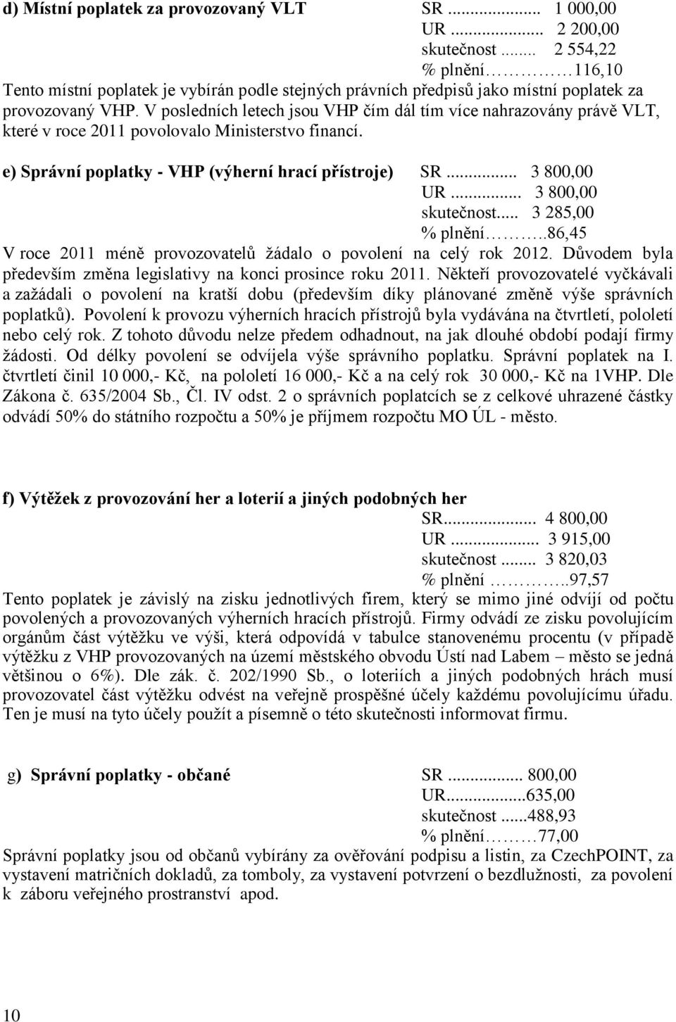 V posledních letech jsou VHP čím dál tím více nahrazovány právě VLT, které v roce 2011 povolovalo Ministerstvo financí. e) Správní poplatky - VHP (výherní hrací přístroje) SR... 3 800,00 UR.