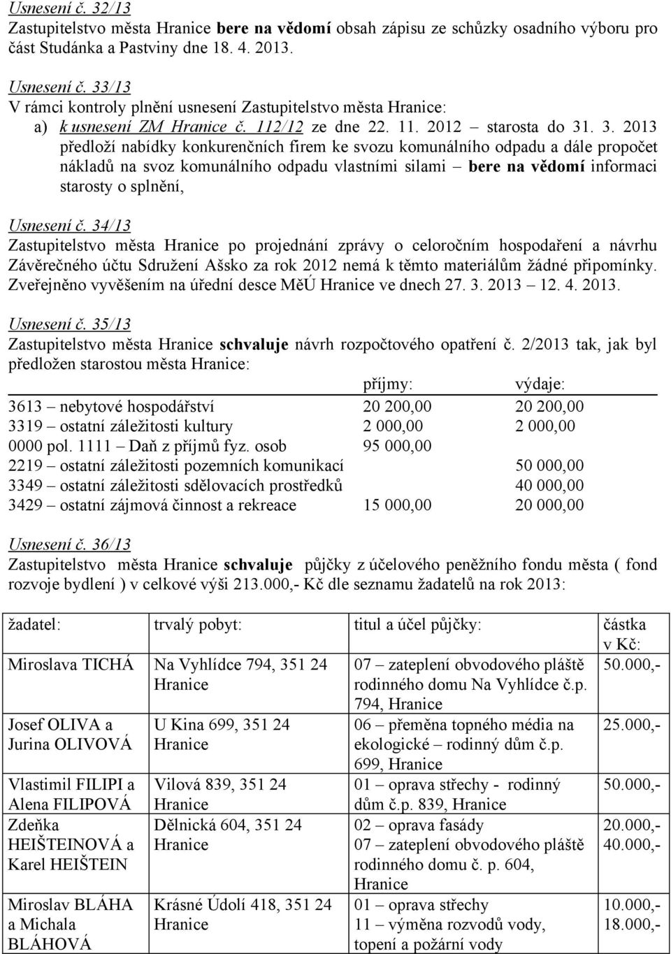 . 3. 2013 předloží nabídky konkurenčních firem ke svozu komunálního odpadu a dále propočet nákladů na svoz komunálního odpadu vlastními silami bere na vědomí informaci starosty o splnění, Usnesení č.