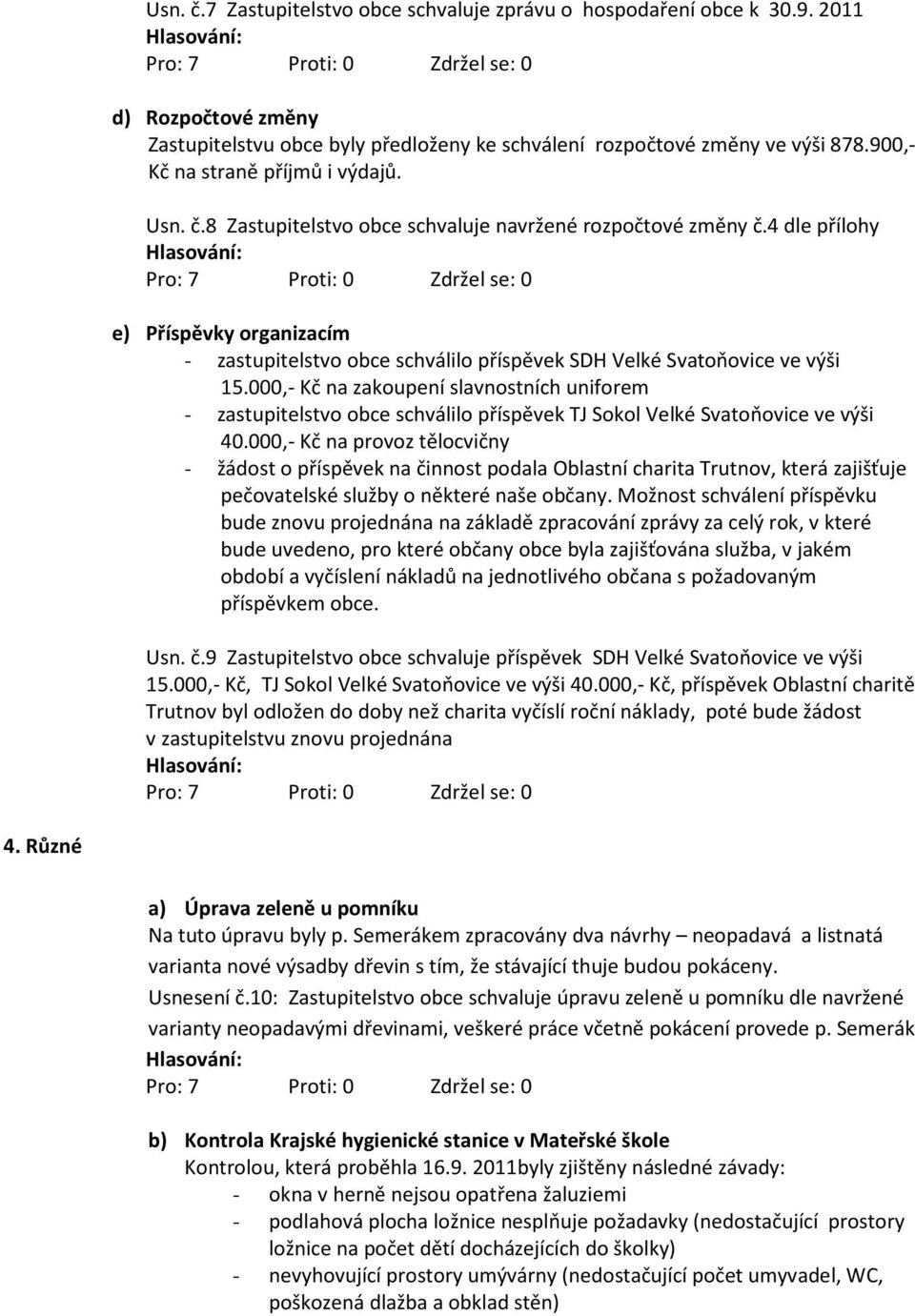 4 dle přílohy e) Příspěvky organizacím - zastupitelstvo obce schválilo příspěvek SDH Velké Svatoňovice ve výši 15.