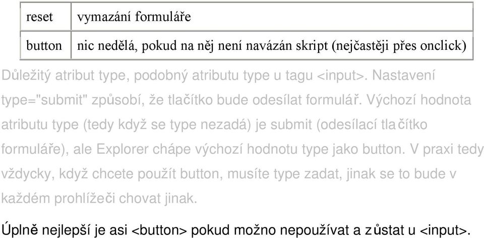 Výchozí hodnota atributu type (tedy když se type nezadá) je submit (odesílací tlačítko formuláře), ale Explorer chápe výchozí hodnotu type jako