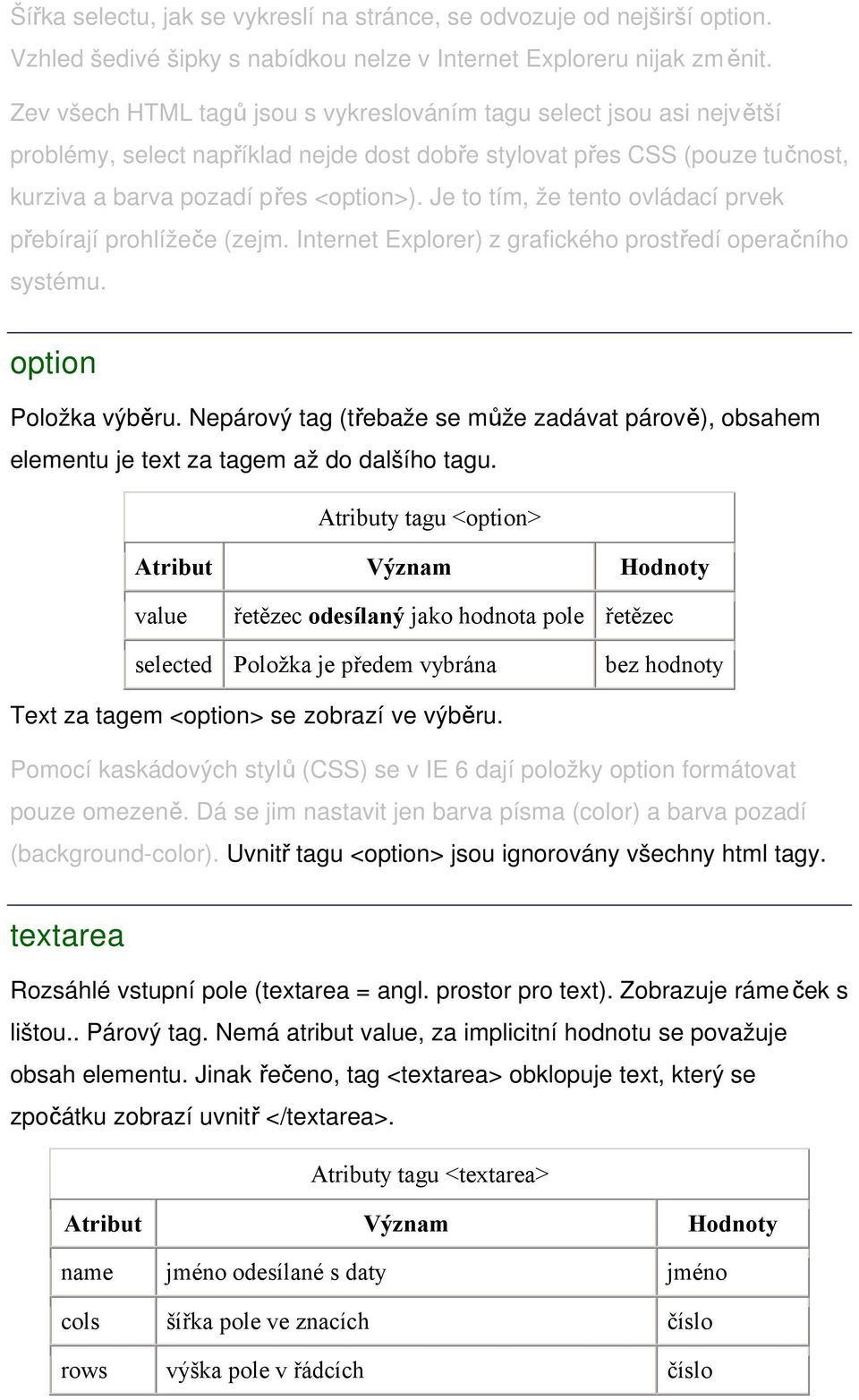 Je to tím, že tento ovládací prvek přebírají prohlížeče (zejm. Internet Explorer) z grafického prostředí operačního systému. option Položka výběru.