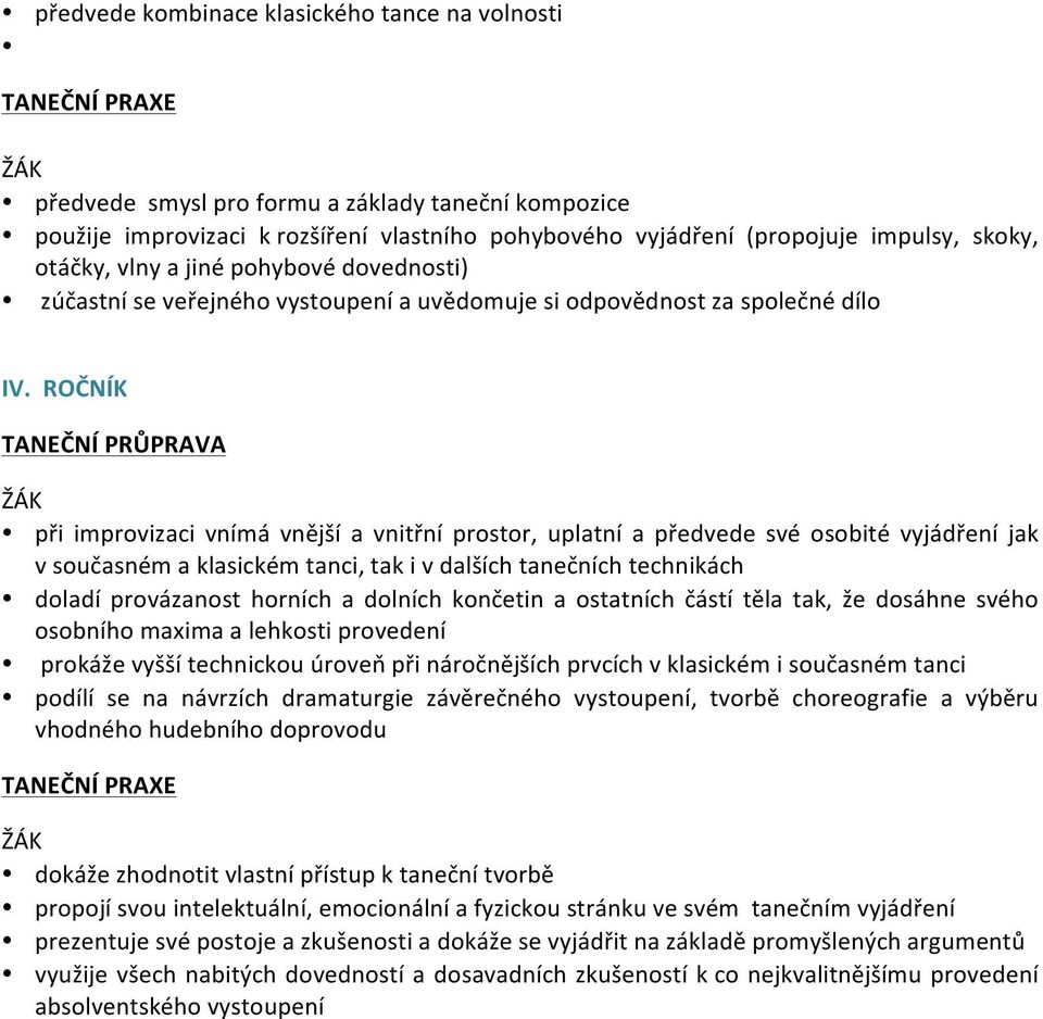 ROČNÍK při improvizaci vnímá vnější a vnitřní prostor, uplatní a předvede své osobité vyjádření jak v současném a klasickém tanci, tak i v dalších tanečních technikách doladí provázanost horních a