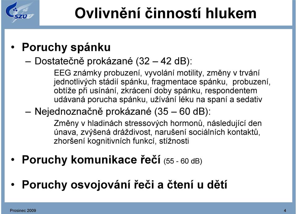 spaní a sedativ Nejednoznačně prokázané (35 60 db): Změny v hladinách stressových hormonů, následující den únava, zvýšená dráždivost, narušení