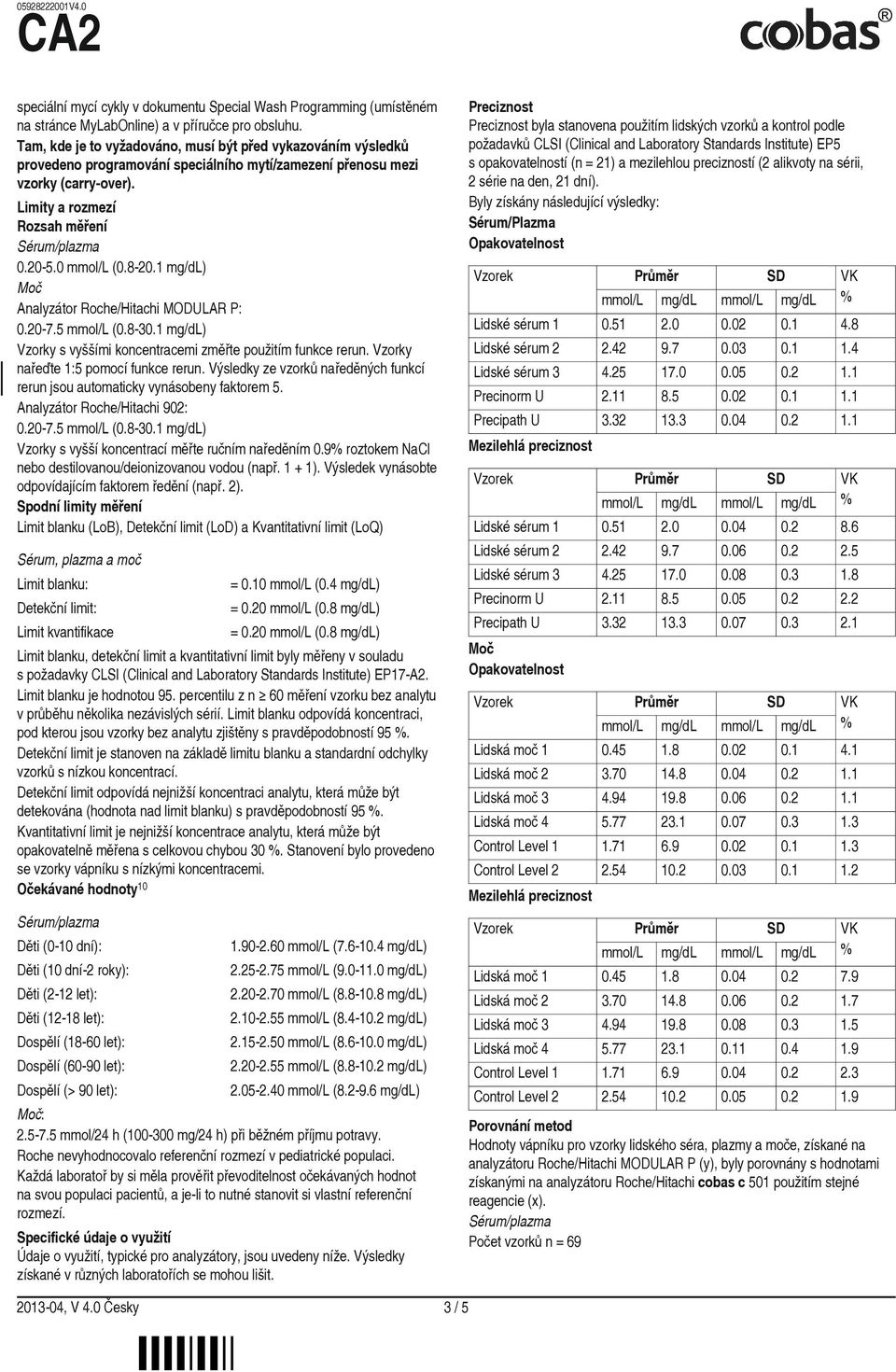 1 mg/dl) Analyzátor Roche/Hitachi MODULAR P: 0.20 7.5 mmol/l (0.8 30.1 mg/dl) Vzorky s vyššími koncentracemi změřte použitím funkce rerun. Vzorky nařeďte 1:5 pomocí funkce rerun.