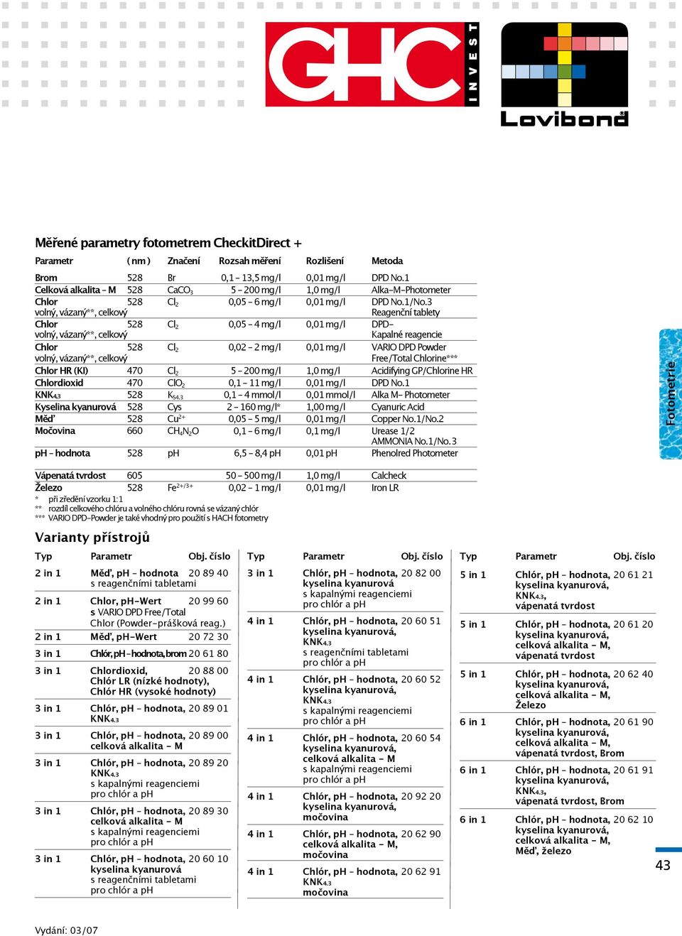 3 volný, vázaný**, celkový Reagenční tablety Chlor 528 Cl 2 0,05 4 mg/l 0,01 mg/l DPDvolný, vázaný**, celkový Kapalné reagencie Chlor 528 Cl 2 0,02 2 mg/l 0,01 mg/l VARIO DPD Powder volný, vázaný**,