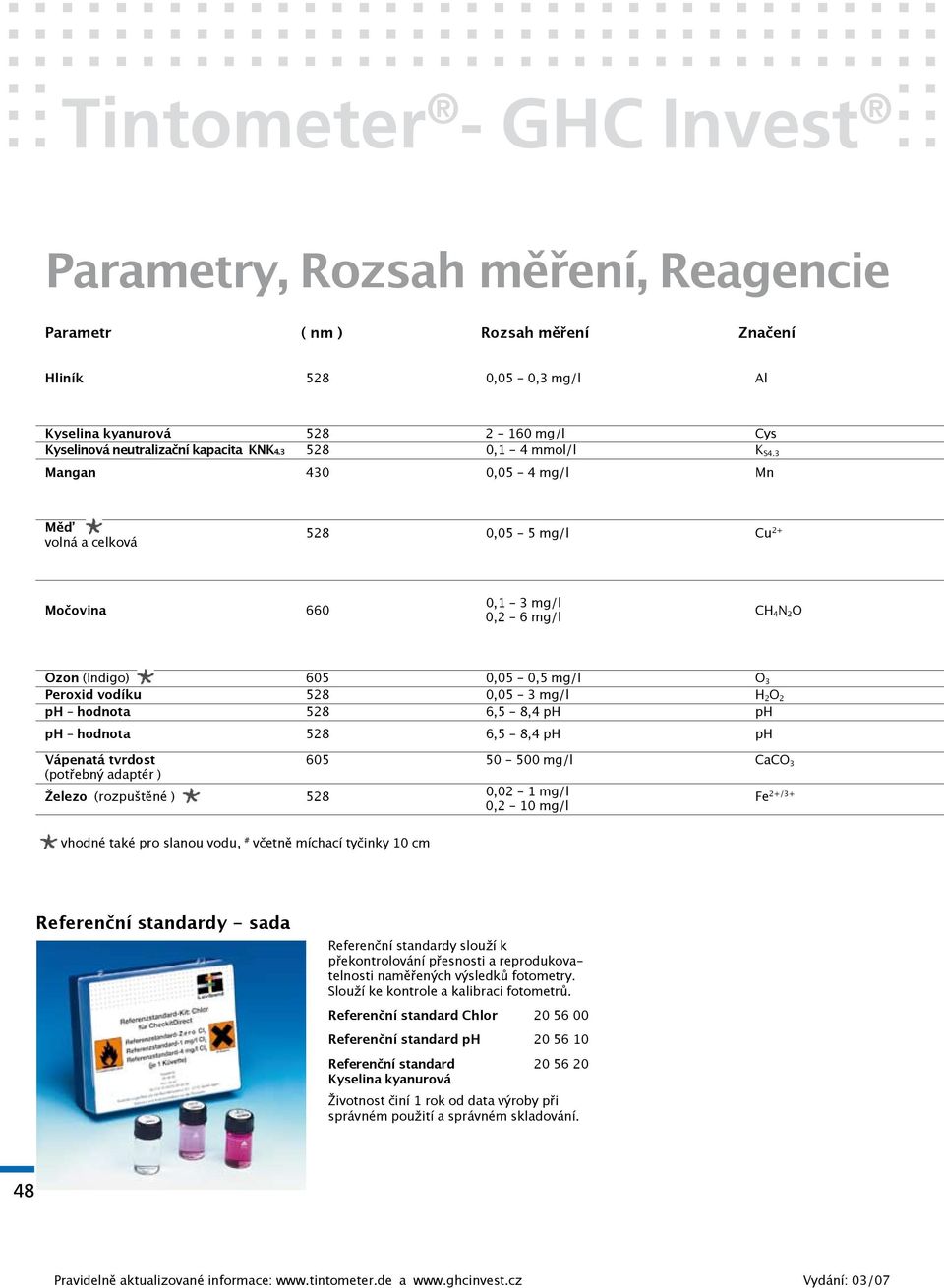 3 Mangan 430 0,05-4 mg/l Mn Měď volná a celková 528 0,05-5 mg/l Cu 2+ 0,1-3 mg/l Močovina 660 CH 4 N 2 O 0,2-6 mg/l Ozon (Indigo) 605 0,05-0,5 mg/l O 3 Peroxid vodíku 528 0,05-3 mg/l H 2 O 2 ph