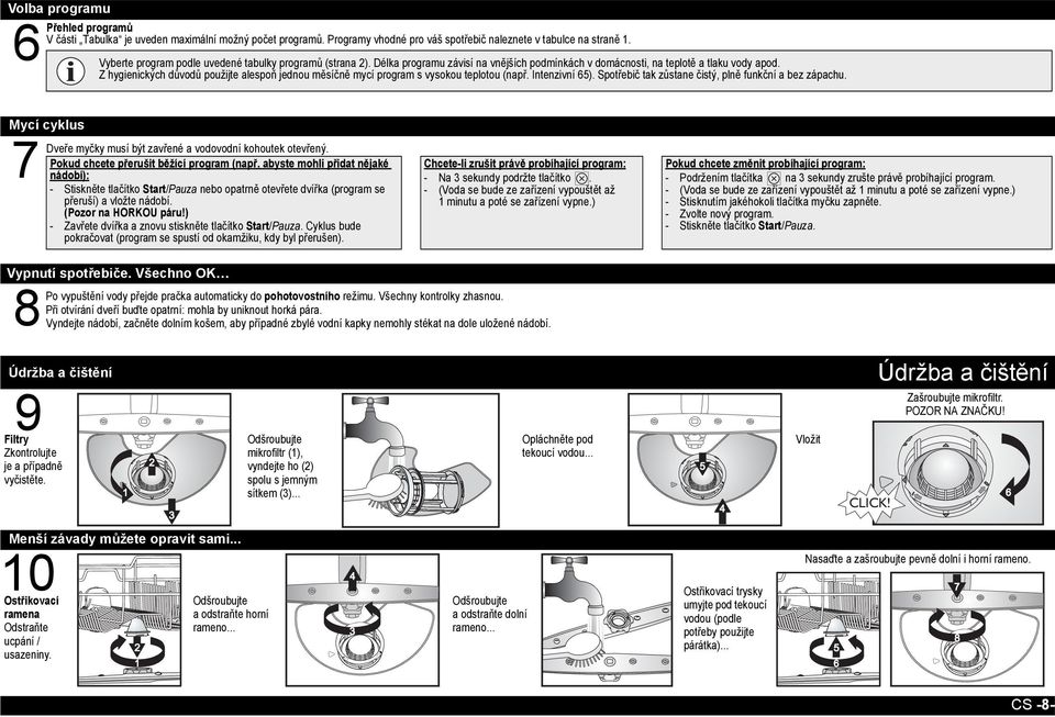 Z hygienických důvodů použijte alespoň jednou měsíčně mycí program s vysokou teplotou (např. Intenzivní 65). Spotřebič tak zůstane čistý, plně funkční a bez zápachu.