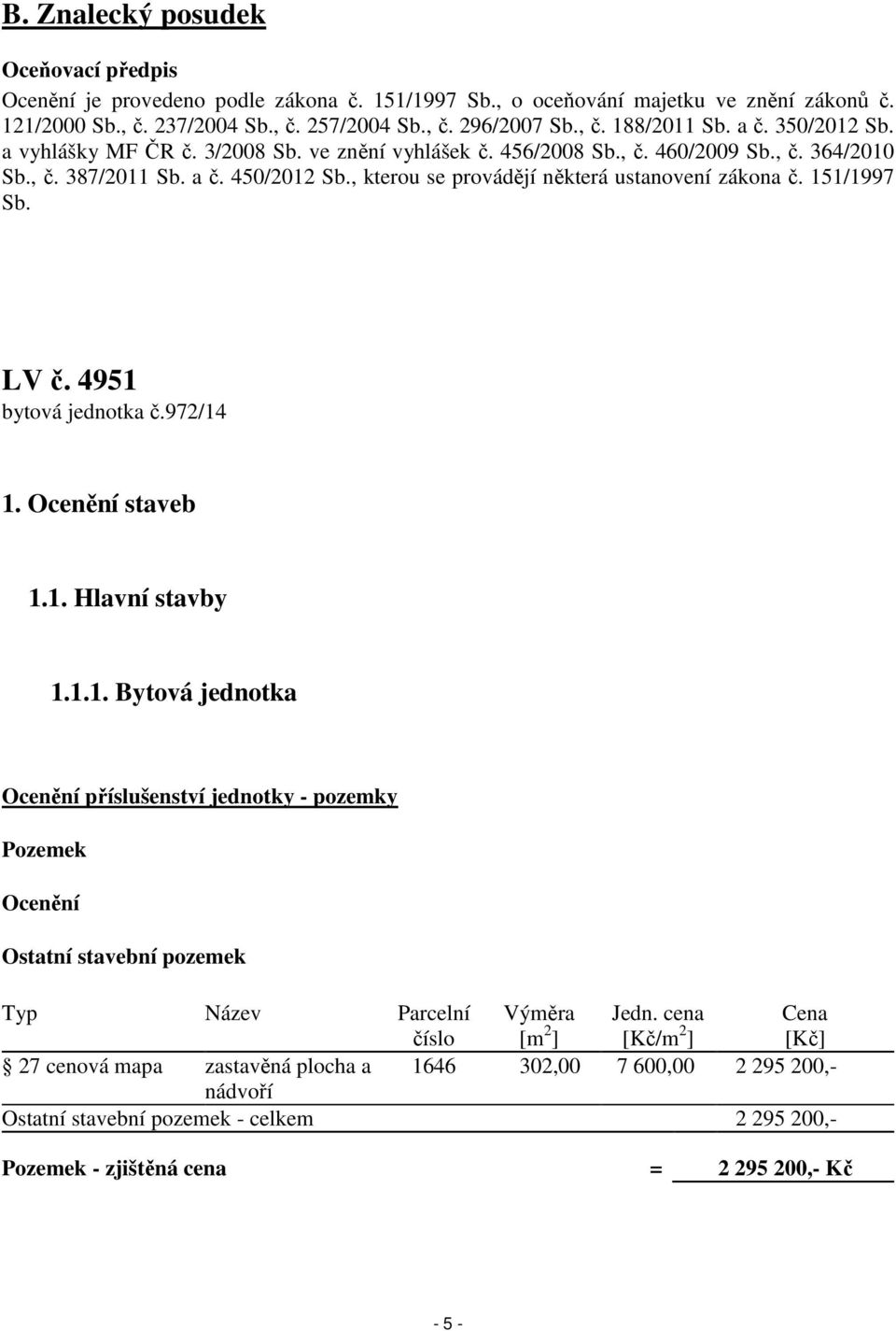 , kterou se provádějí některá ustanovení zákona č. 151/1997 Sb. LV č. 4951 bytová jednotka č.972/14 1. Ocenění staveb 1.1. Hlavní stavby 1.1.1. Bytová jednotka Ocenění příslušenství jednotky - pozemky Pozemek Ocenění Ostatní stavební pozemek Typ Název Parcelní číslo Výměra [m 2 ] Jedn.