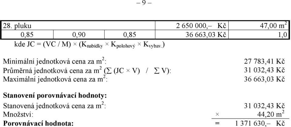 ) Minimální jednotková cena za m 2 : Průměrná jednotková cena za m 2 ( (JC V) / V): Maximální