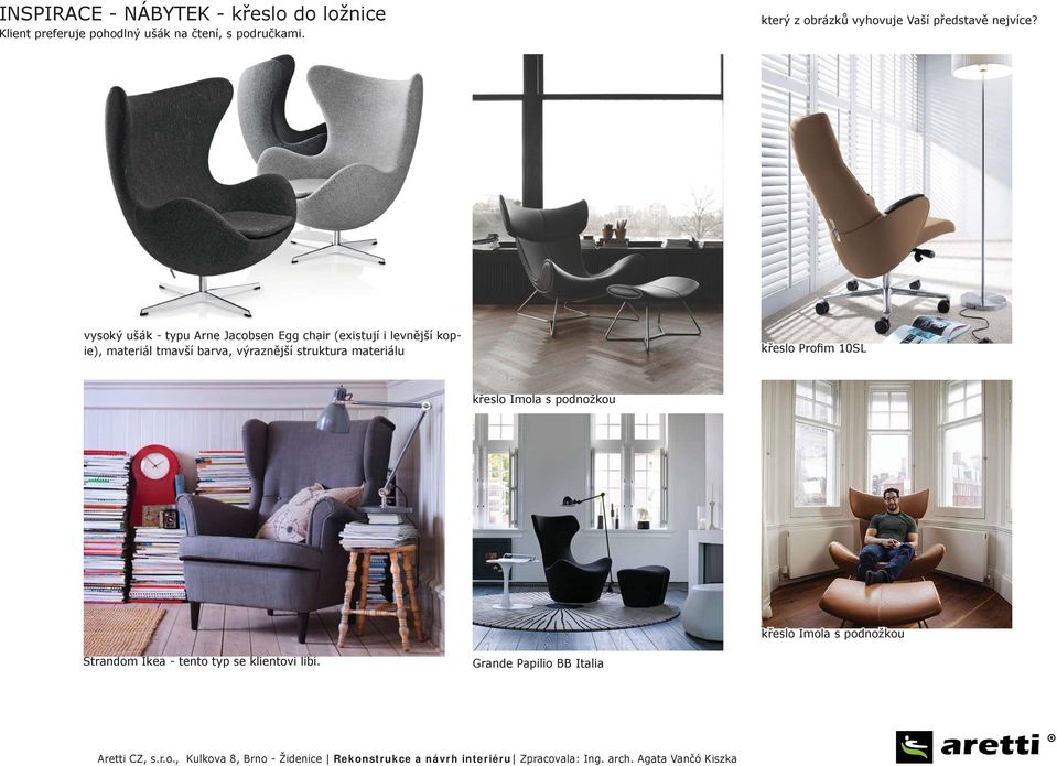 vysoký ušák - typu Arne Jacobsen Egg chair (existují i levnější kop- ie), materiál tmavší barva,