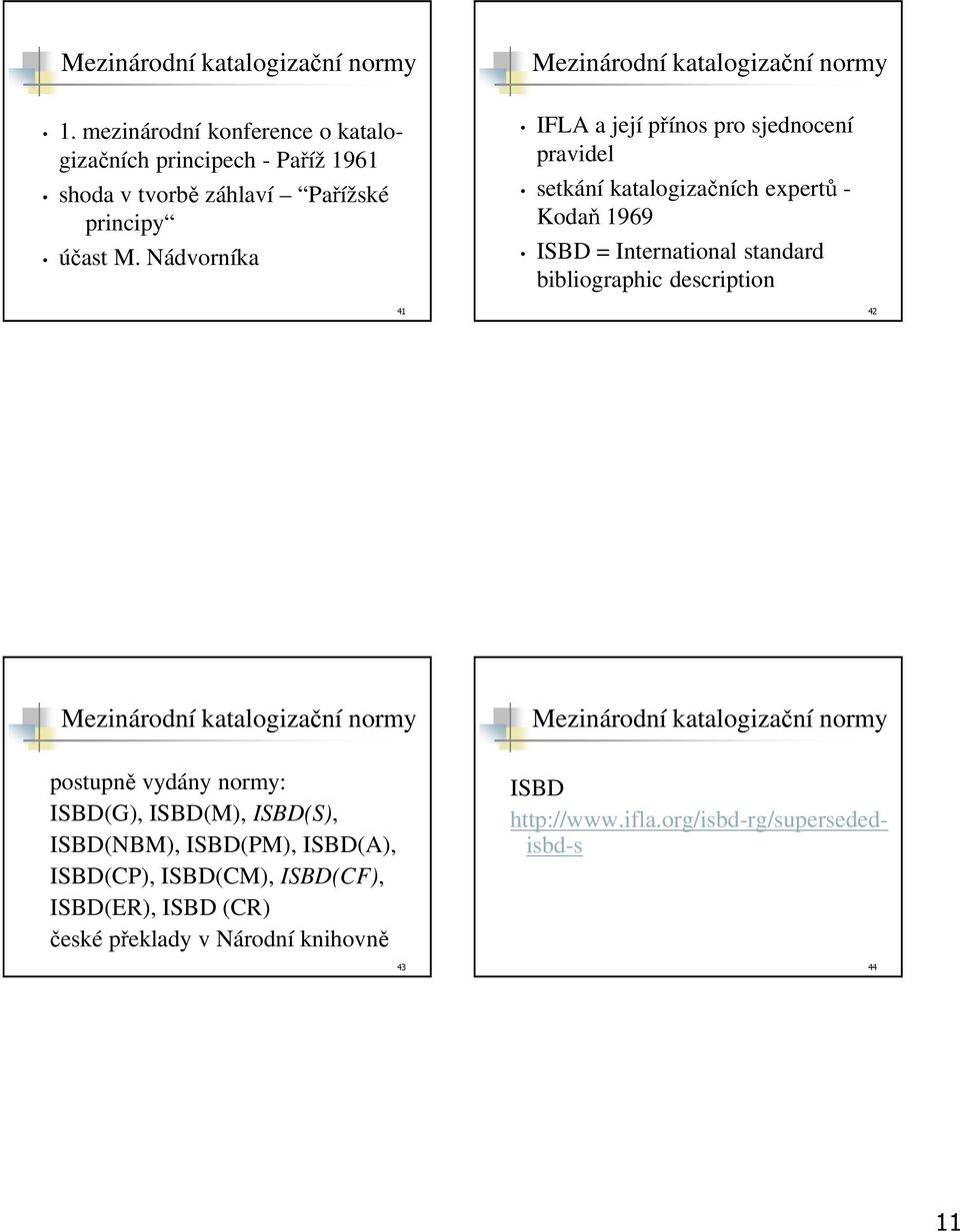 standard bibliographic description 42 postupně vydány normy: ISBD(G), ISBD(M), ISBD(S), ISBD(NBM), ISBD(PM), ISBD(A),