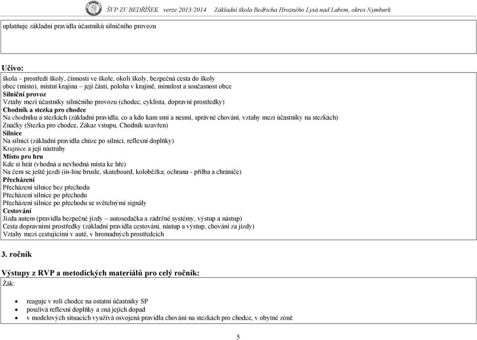 pravidla, co a kdo kam smí a nesmí, správné chování, vztahy mezi účastníky na stezkách) Značky (Stezka pro chodce, Zákaz vstupu, Chodník uzavřen) Silnice Na silnici (základní pravidla chůze po