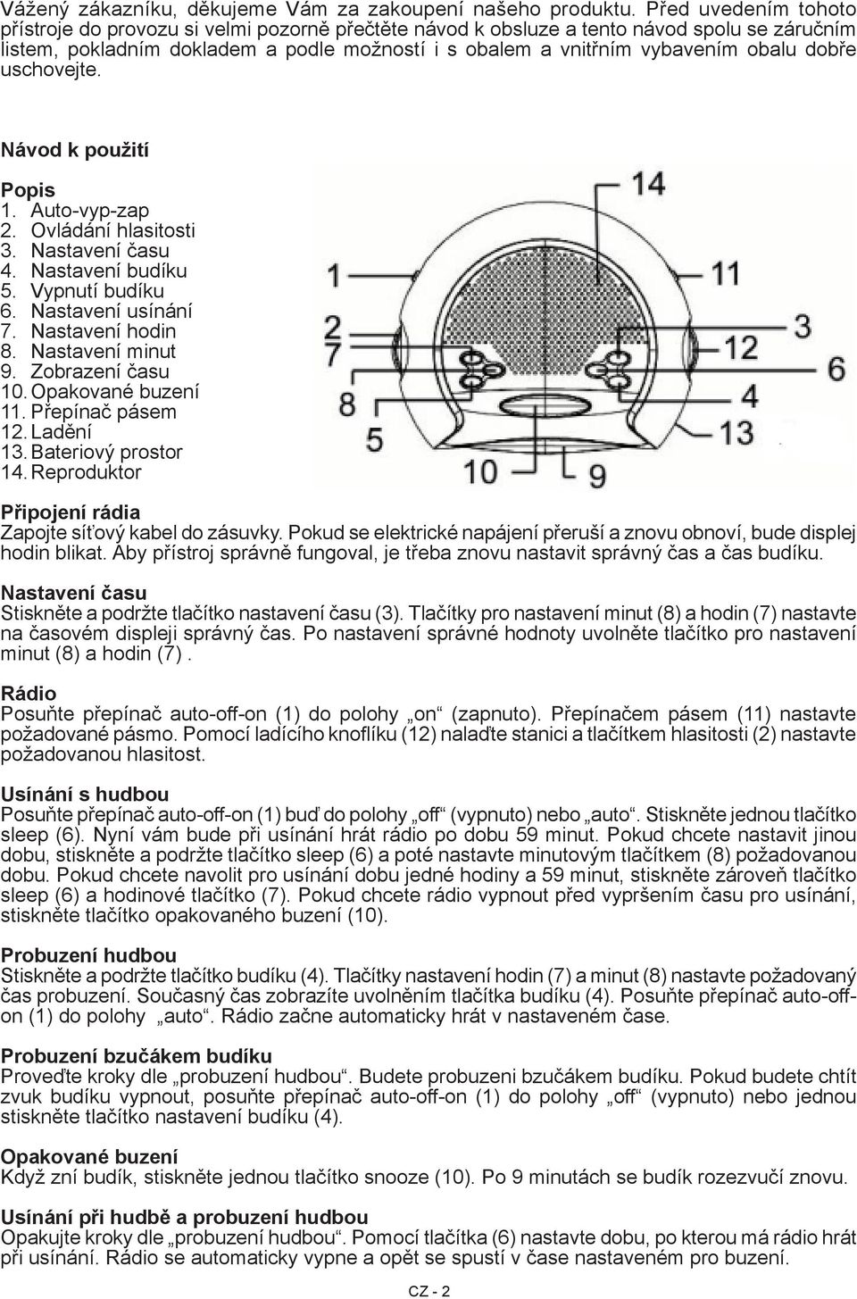 dobře uschovejte. Návod k použití Popis 1. Auto-vyp-zap 2. Ovládání hlasitosti 3. Nastavení času 4. Nastavení budíku 5. Vypnutí budíku 6. Nastavení usínání 7. Nastavení hodin 8. Nastavení minut 9.
