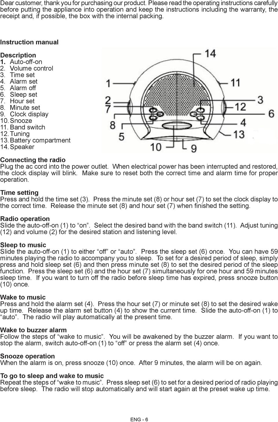 packing. Instruction manual Description 1. Auto-off-on 2. Volume control 3. Time set 4. Alarm set 5. Alarm off 6. Sleep set 7. Hour set 8. Minute set 9. Clock display 10. Snooze 11. Band switch 12.