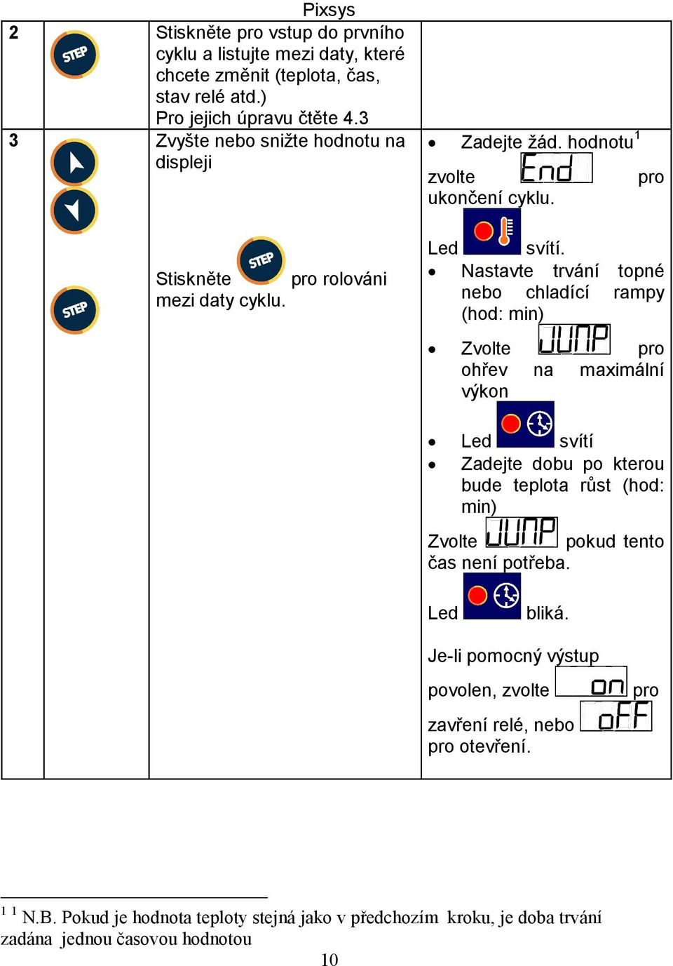 Nastavte trvání topné nebo chladící rampy (hod: min) Zvolte pro ohřev na maximální výkon Led svítí Zadejte dobu po kterou bude teplota růst (hod: min) Zvolte pokud