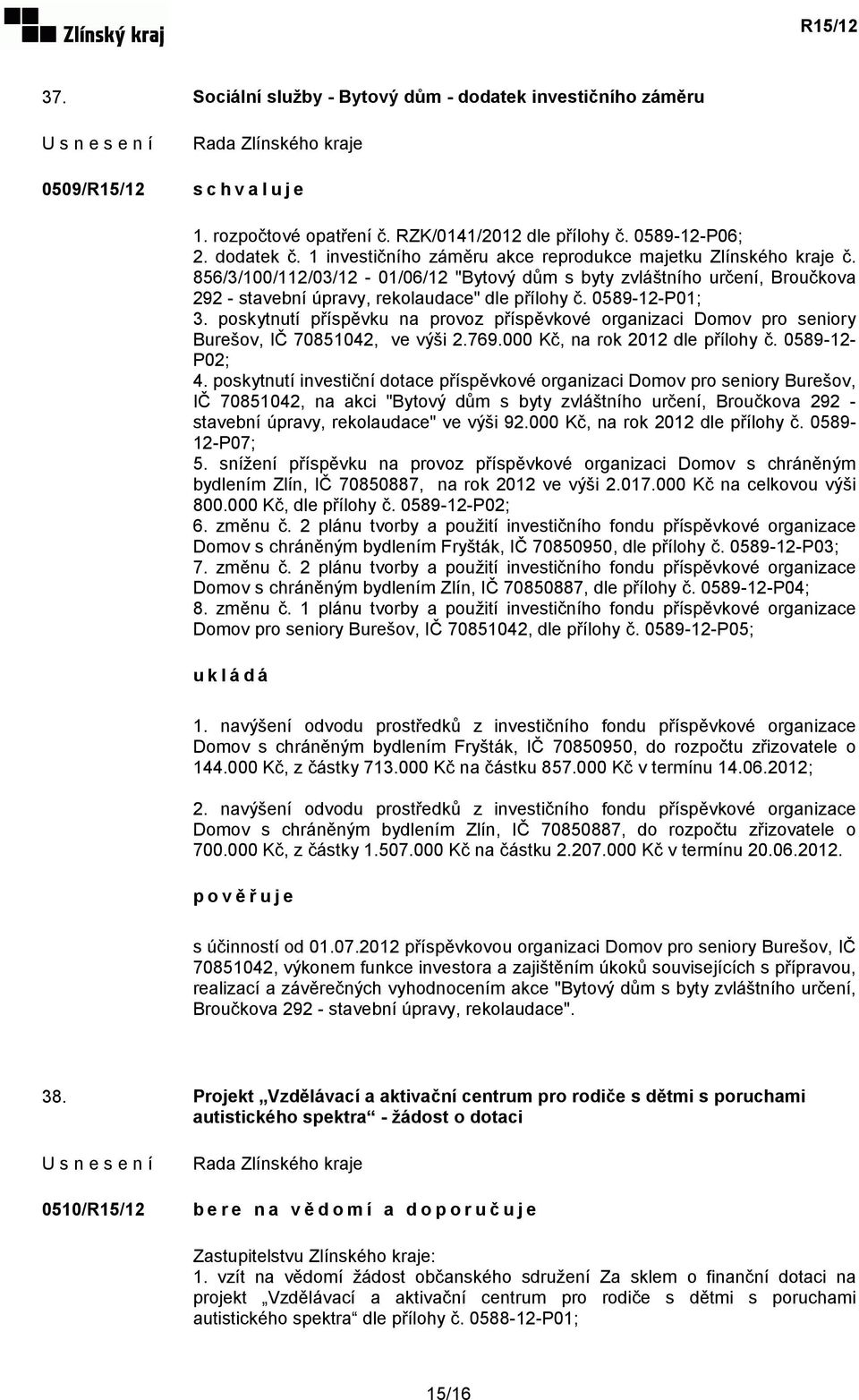 0589-12-P01; 3. poskytnutí příspěvku na provoz příspěvkové organizaci Domov pro seniory Burešov, IČ 70851042, ve výši 2.769.000 Kč, na rok 2012 dle přílohy č. 0589-12- P02; 4.