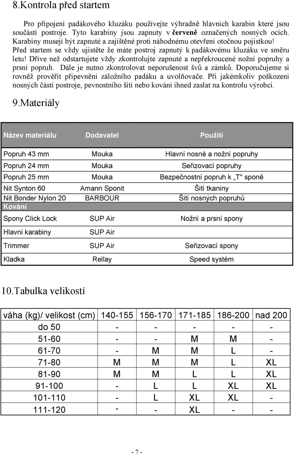 Dříve než odstartujete vždy zkontrolujte zapnuté a nepřekroucené nožní popruhy a prsní popruh. Dále je nutno zkontrolovat neporušenost švů a zámků.