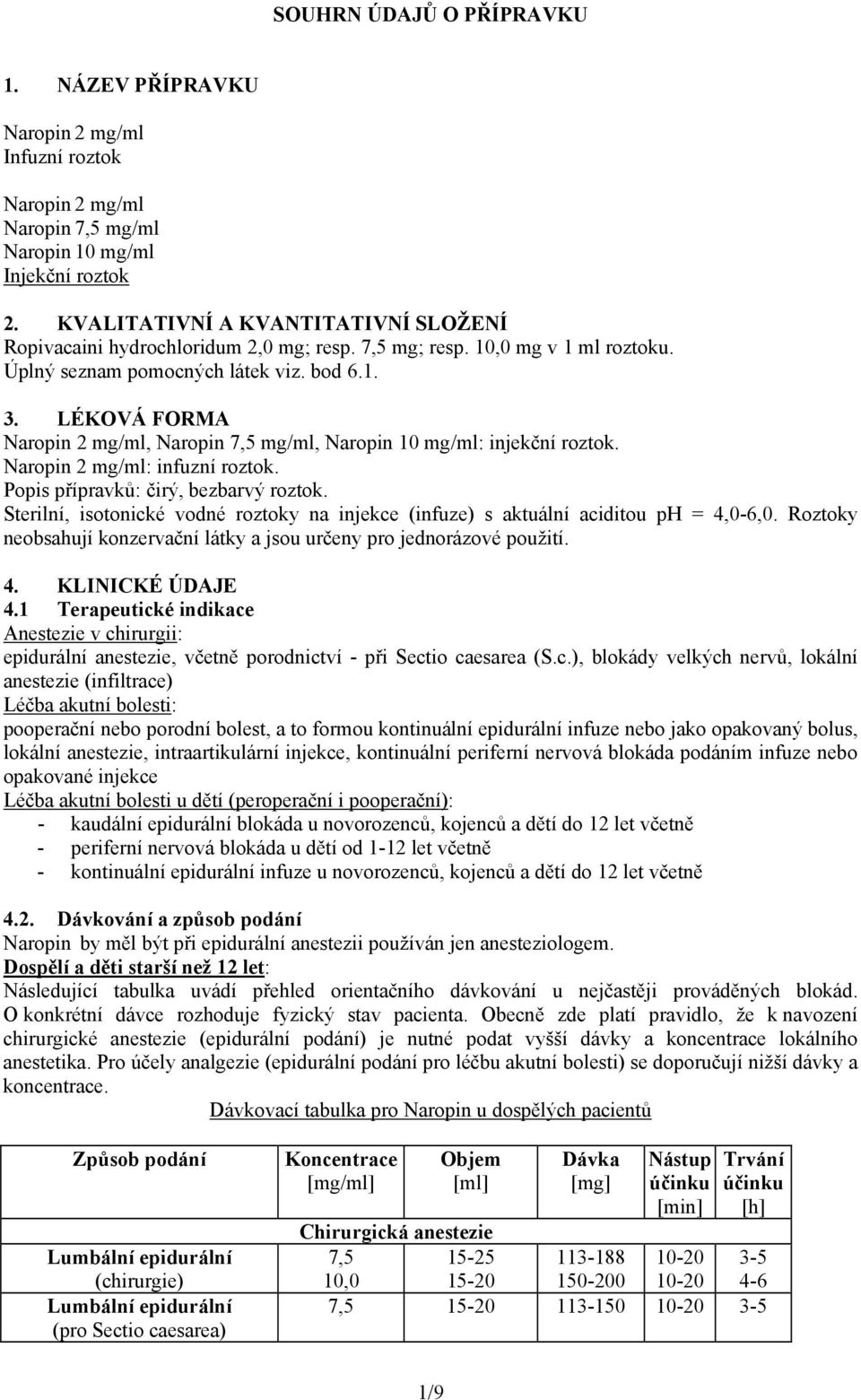 LÉKOVÁ FORMA Naropin 2 mg/ml, Naropin 7,5 mg/ml, Naropin 10 mg/ml: injekční roztok. Naropin 2 mg/ml: infuzní roztok. Popis přípravků: čirý, bezbarvý roztok.