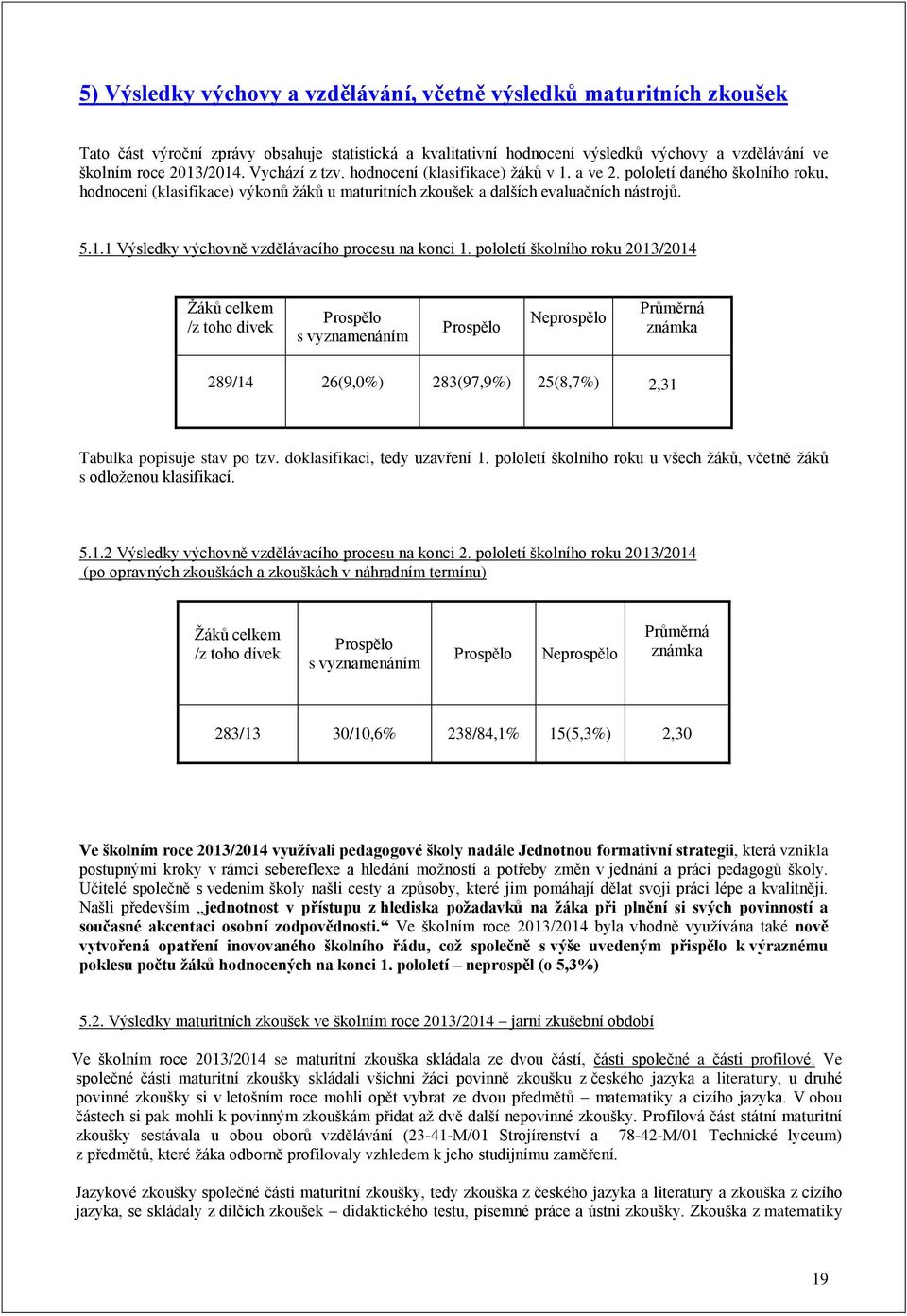 pololetí školního roku 2013/2014 Žáků celkem /z toho dívek Prospělo s vyznamenáním Prospělo Neprospělo Průměrná známka 289/14 26(9,0%) 283(97,9%) 25(8,7%) 2,31 Tabulka popisuje stav po tzv.