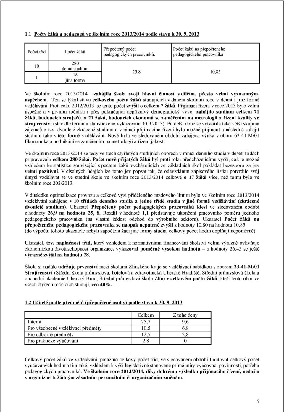 Ten se týkal stavu celkového počtu žáků studujících v daném školním roce v denní i jiné formě vzdělávání. Proti roku 2012/2013 se tento počet zvýšil o celkem 7 žáků.