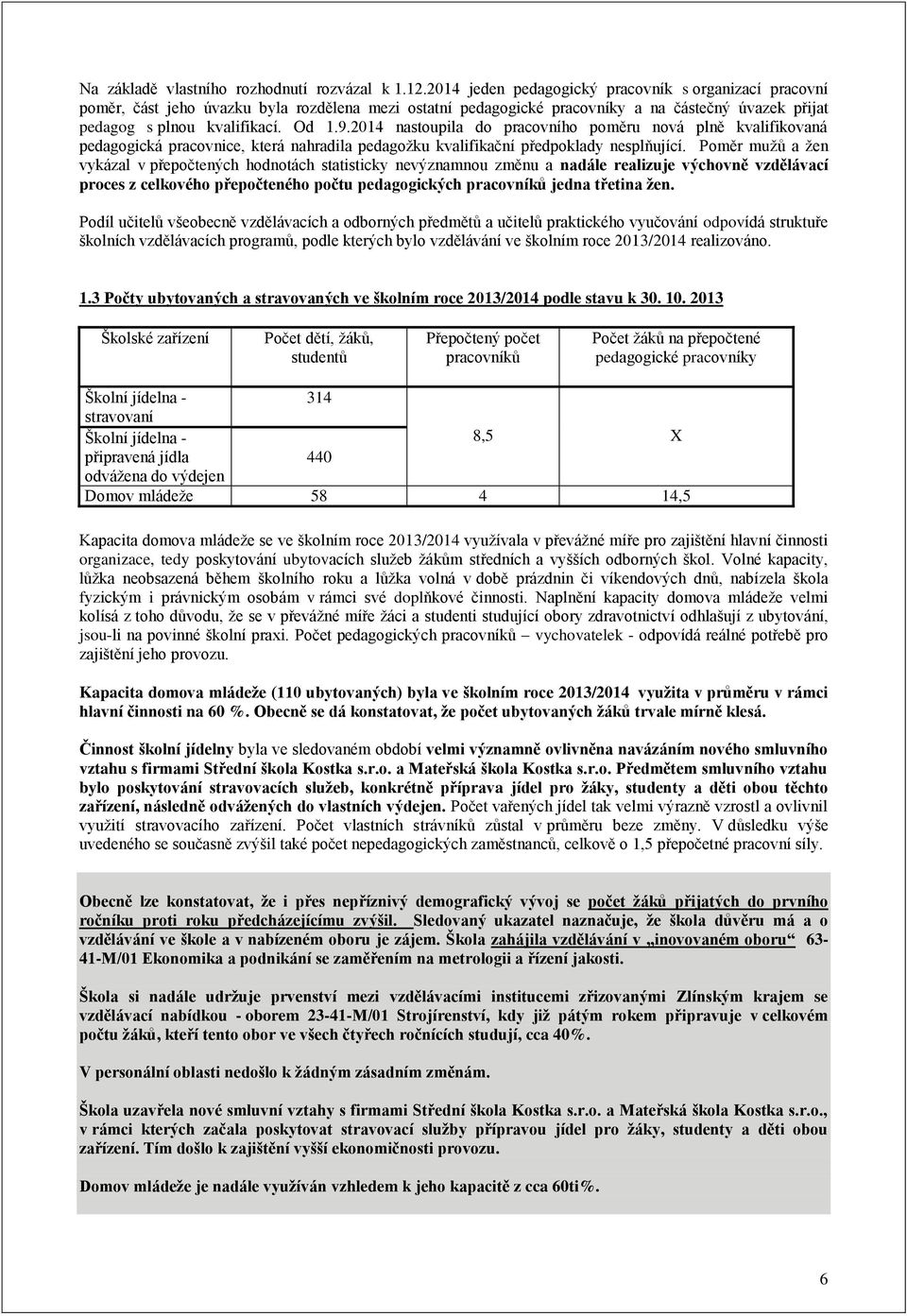 2014 nastoupila do pracovního poměru nová plně kvalifikovaná pedagogická pracovnice, která nahradila pedagožku kvalifikační předpoklady nesplňující.