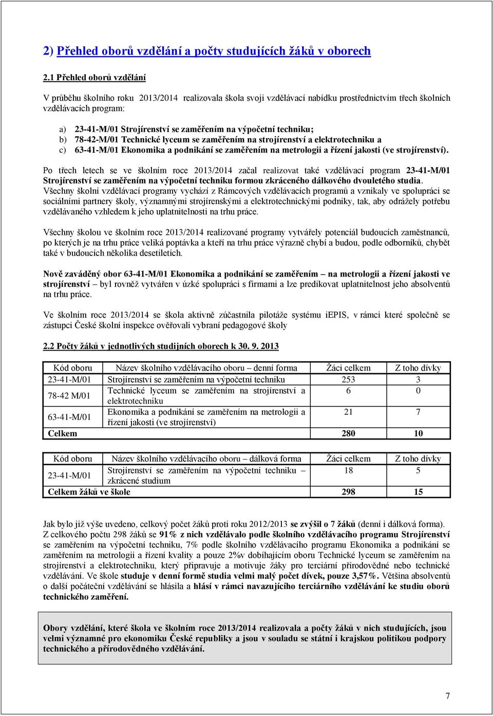 výpočetní techniku; b) 78-42-M/01 Technické lyceum se zaměřením na strojírenství a elektrotechniku a c) 63-41-M/01 Ekonomika a podnikání se zaměřením na metrologii a řízení jakosti (ve strojírenství).