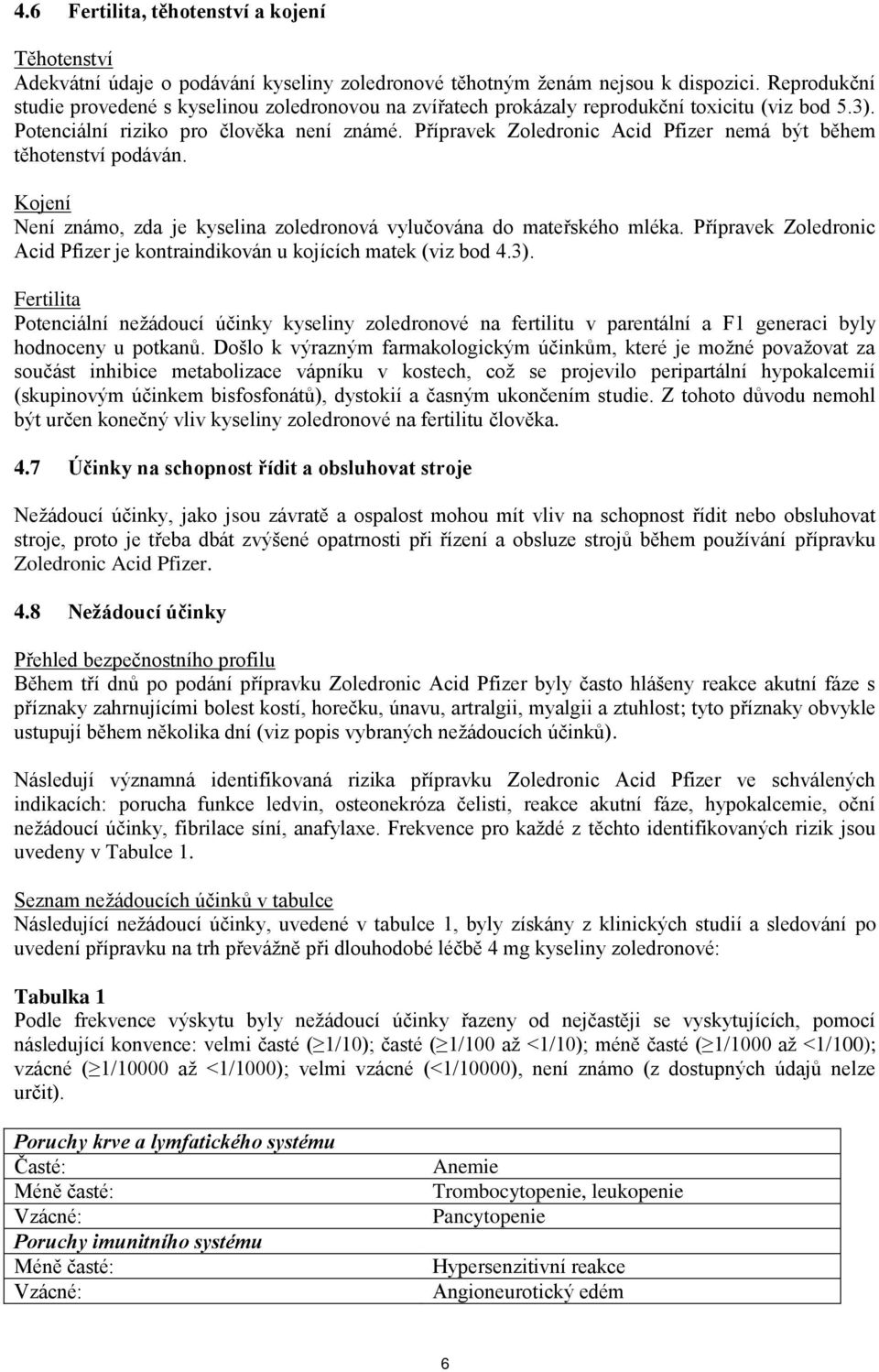 Přípravek Zoledronic Acid Pfizer nemá být během těhotenství podáván. Kojení Není známo, zda je zoledronová vylučována do mateřského mléka.