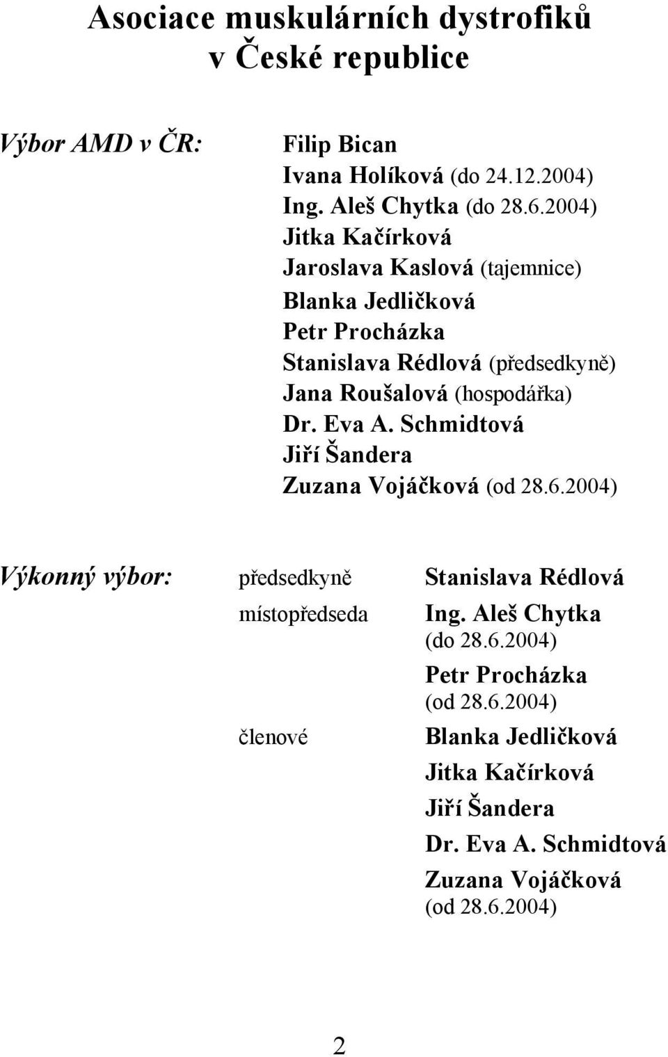 Dr. Eva A. Schmidtová Jiří Šandera Zuzana Vojáčková (od 28.6.2004) Výkonný výbor: předsedkyně Stanislava Rédlová místopředseda Ing.