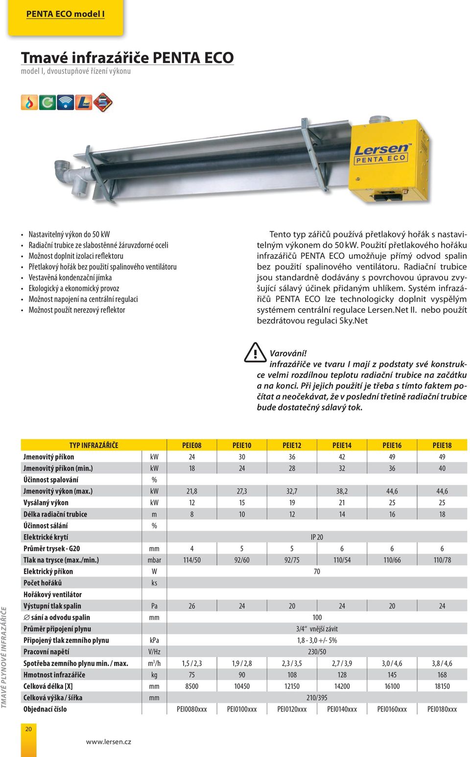 zářičů používá přetlakový hořák s nastavitelným výkonem do 50 kw. Použití přetlakového hořáku infrazářičů PENTA ECO umožňu je přímý odvod spalin bez použití spalinového ventiláto ru.