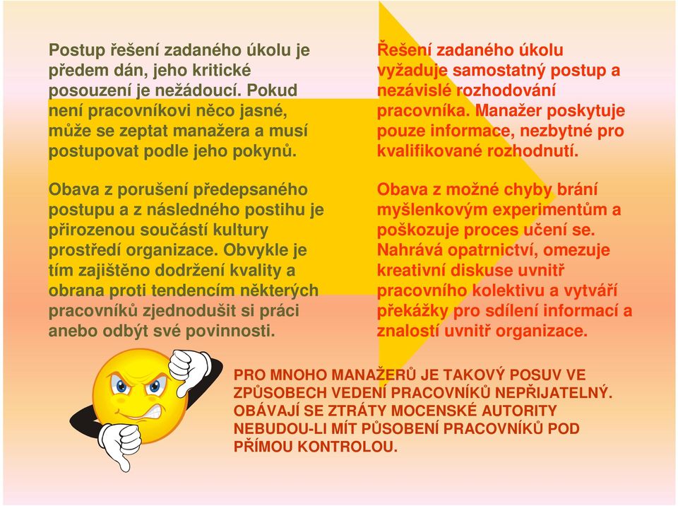 Obvykle je tím zajištěno dodržení kvality a obrana proti tendencím některých pracovníků zjednodušit si práci anebo odbýt své povinnosti.