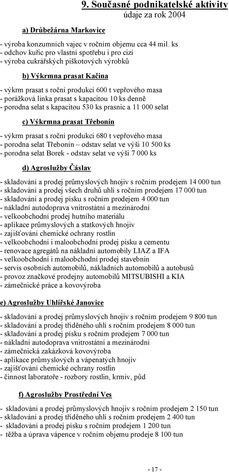 kapacitou 10 ks denně - porodna selat s kapacitou 530 ks prasnic a 11 000 selat c) Výkrmna prasat Třebonín - výkrm prasat s roční produkcí 680 t vepřového masa - porodna selat Třebonín odstav selat