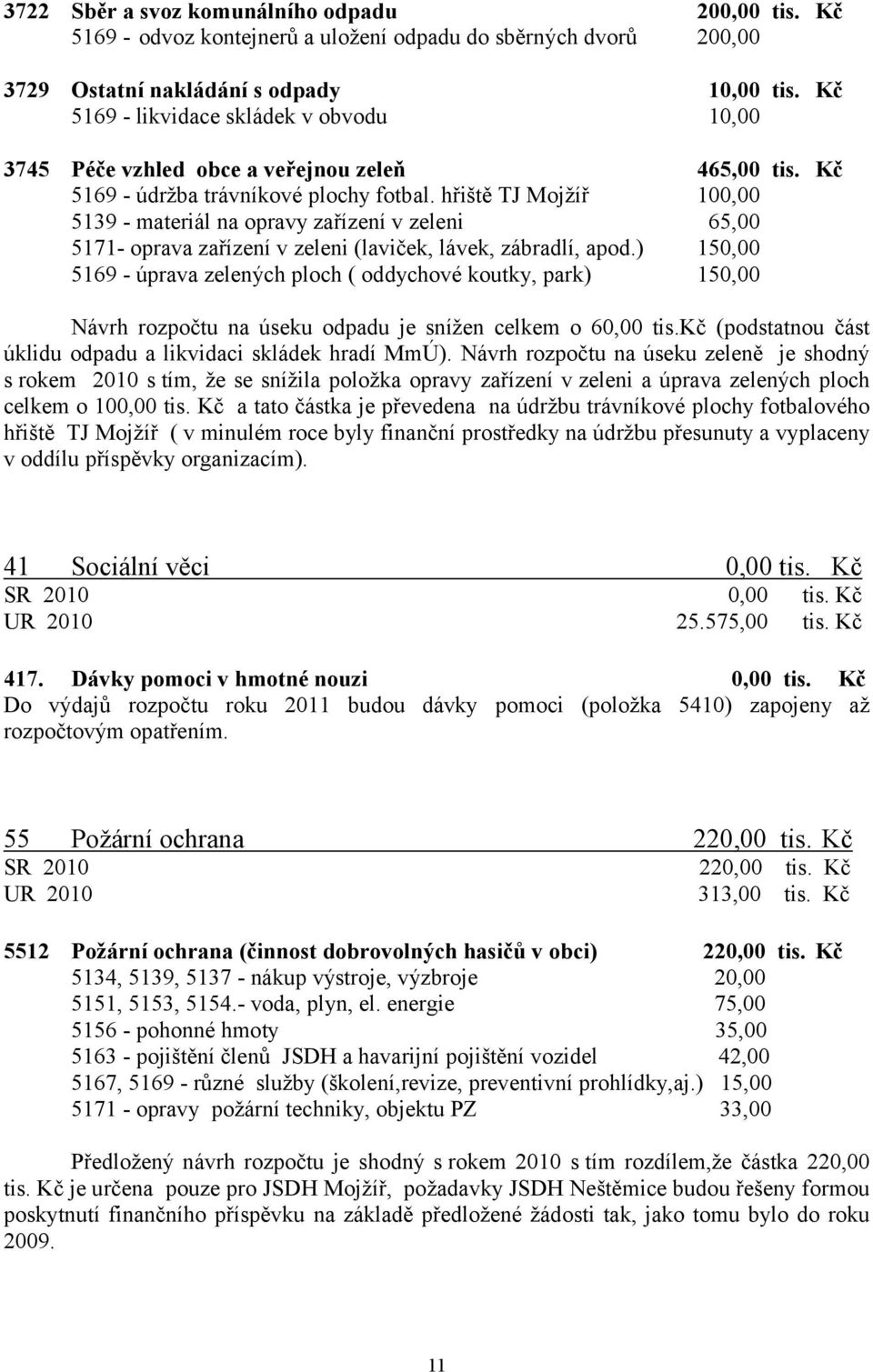 hřiště TJ Mojžíř 100,00 5139 - materiál na opravy zařízení v zeleni 65,00 5171- oprava zařízení v zeleni (laviček, lávek, zábradlí, apod.