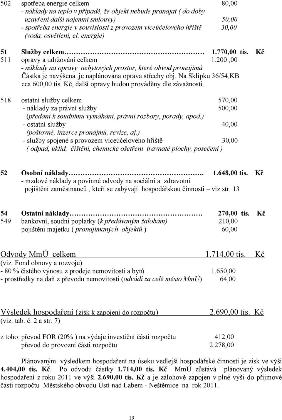 200,00 - náklady na opravy nebytových prostor, které obvod pronajímá Částka je navýšena,je naplánována oprava střechy obj. Na Sklípku 36/54,KB cca 600,00 tis.