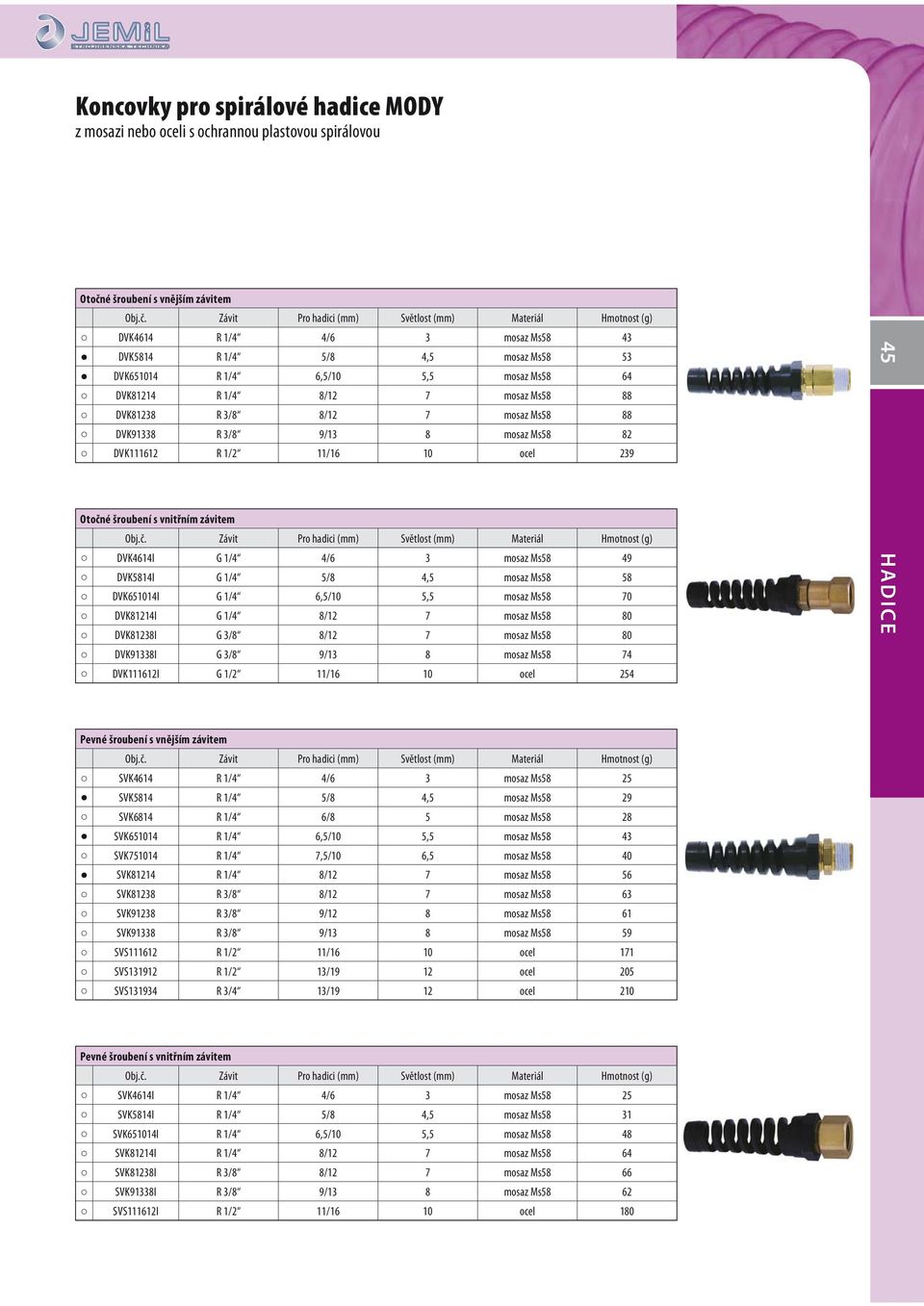 ocel 239 Otočné šroubení s m závitem Závit Pro hadici Světlost Materiál (g) DVK4614I G 1/4 4/6 3 mosaz Ms58 49 DVK5814I G 1/4 5/8 4,5 mosaz Ms58 58 DVK651014I G 1/4 6,5/10 5,5 mosaz Ms58 70 DVK81214I