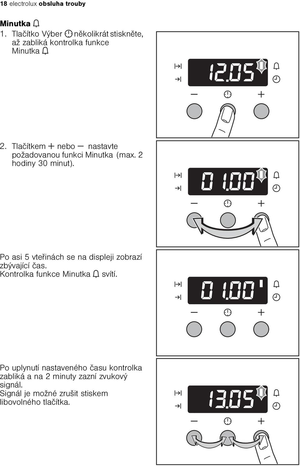 Tlaèítkem nebo nastavte požadovanou funkci Minutka (max. 2 hodiny 30 minut).