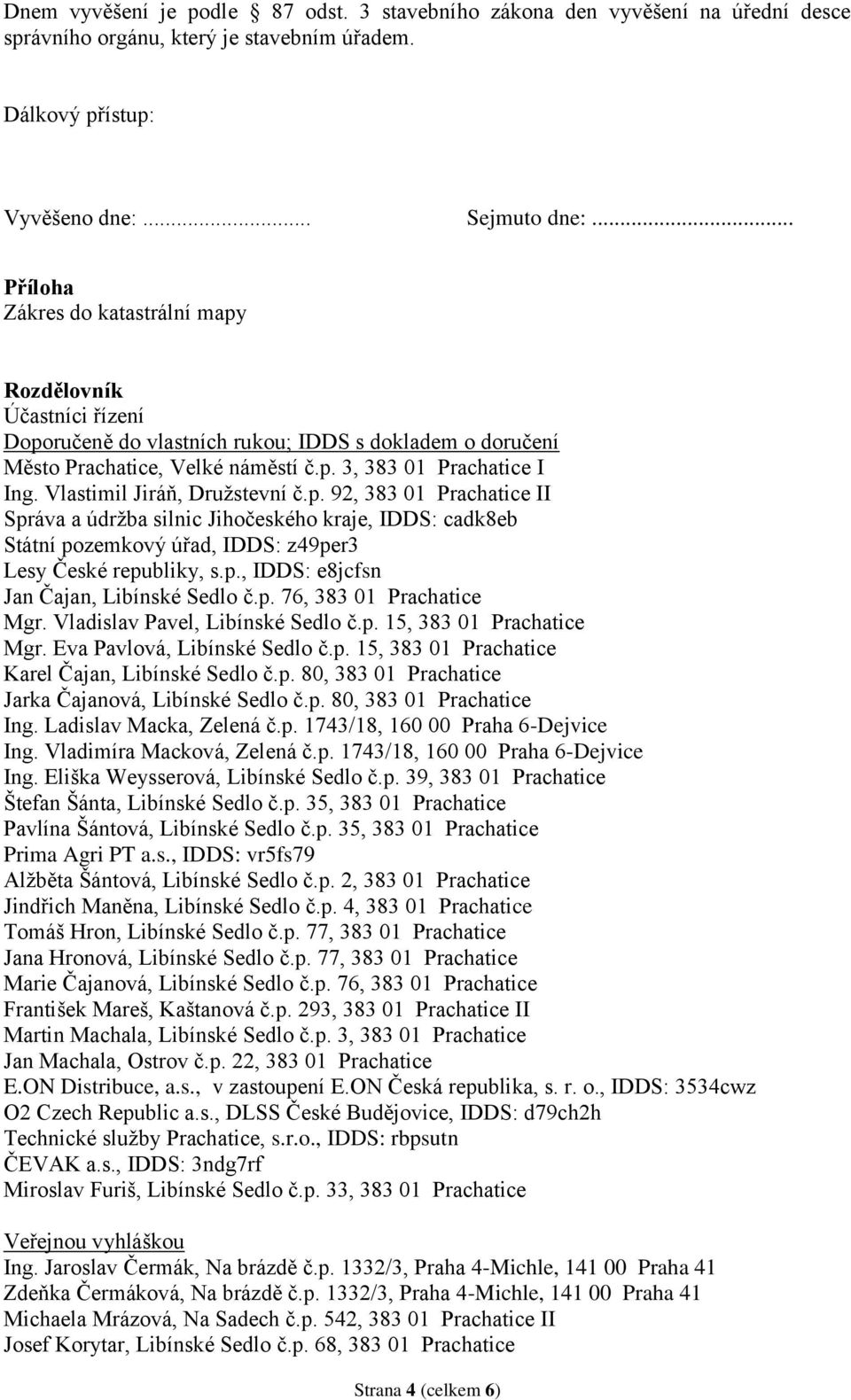 Vlastimil Jiráň, Družstevní č.p. 92, 383 01 Prachatice II Správa a údržba silnic Jihočeského kraje, IDDS: cadk8eb Státní pozemkový úřad, IDDS: z49per3 Lesy České republiky, s.p., IDDS: e8jcfsn Jan Čajan, Libínské Sedlo č.