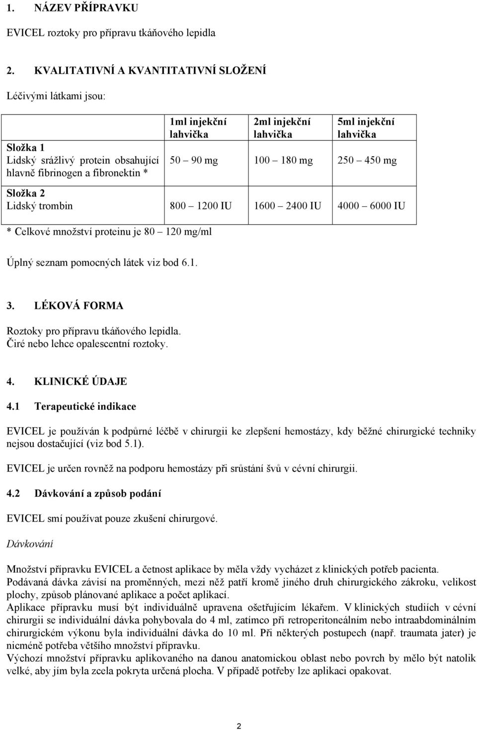 lahvička 50 90 mg 100 180 mg 250 450 mg Složka 2 Lidský trombin 800 1200 IU 1600 2400 IU 4000 6000 IU * Celkové množství proteinu je 80 120 mg/ml Úplný seznam pomocných látek viz bod 6.1. 3.