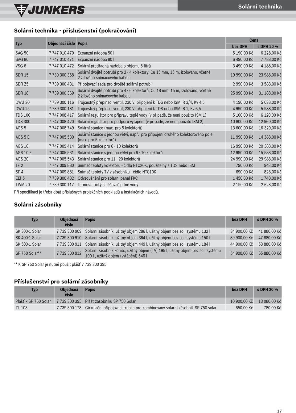 snímačového kabelu 19 990,00 Kč 23 988,00 Kč SDR Z5 7 739 300 431 Připojovací sada pro dvojité solární potrubí 2 990,00 Kč 3 588,00 Kč SDR 18 7 739 300 369 Solární dvojité potrubí pro 4-6 kolektorů,